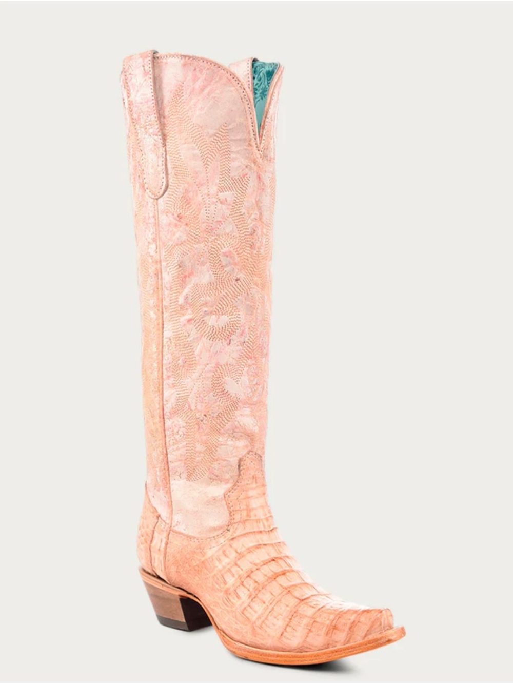 Corral Pink Caiman Knee-High Western Boot with Stacked Heel